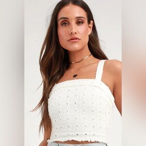 NWT Lulu's Downtown White Distressed Denim Sleeveless Crop Top Sz M